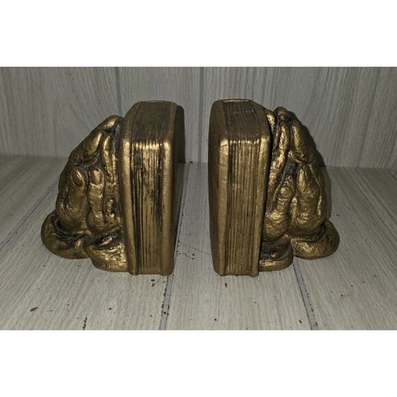 Vintage Praying Hands Bookends Gold Book Holders 5" Tall Bible Religious God - Picture 2 of 8